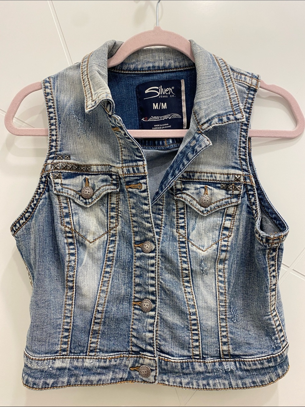 Silver Jeans Co. | Distressed Denim Vest | Light Blue | Women’s Size Medium